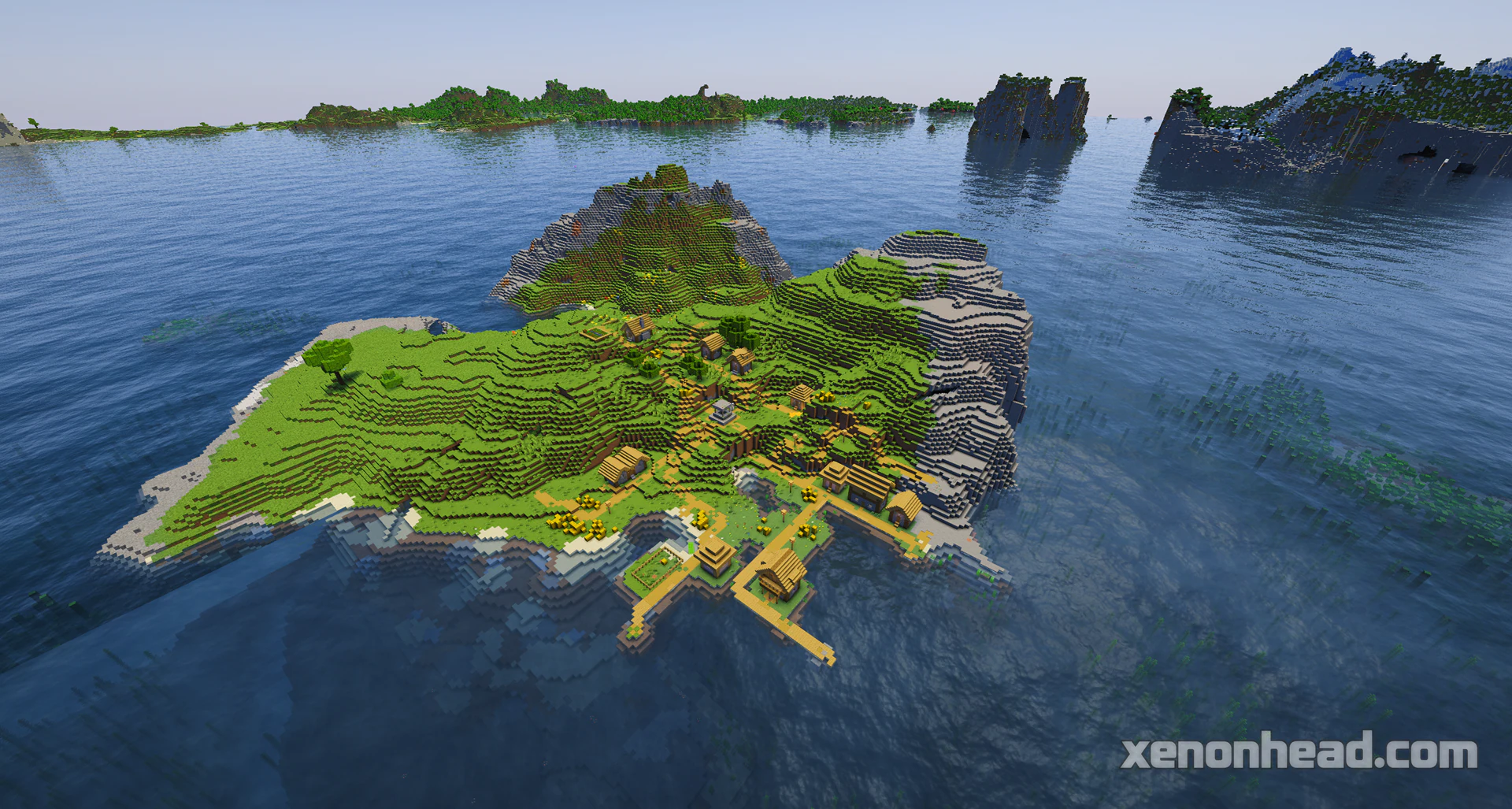 A survival island featuring huge stony cliffs and a scenic plains village