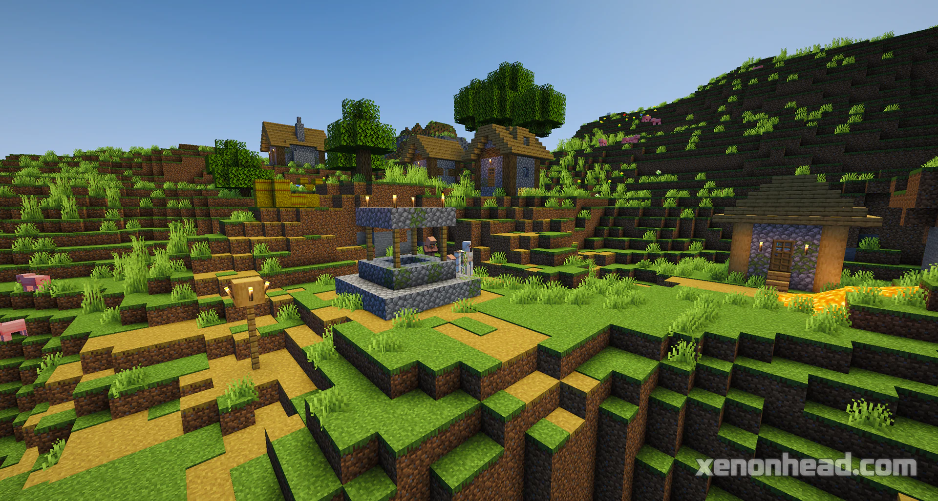 A survival island featuring huge stony cliffs and a scenic plains village