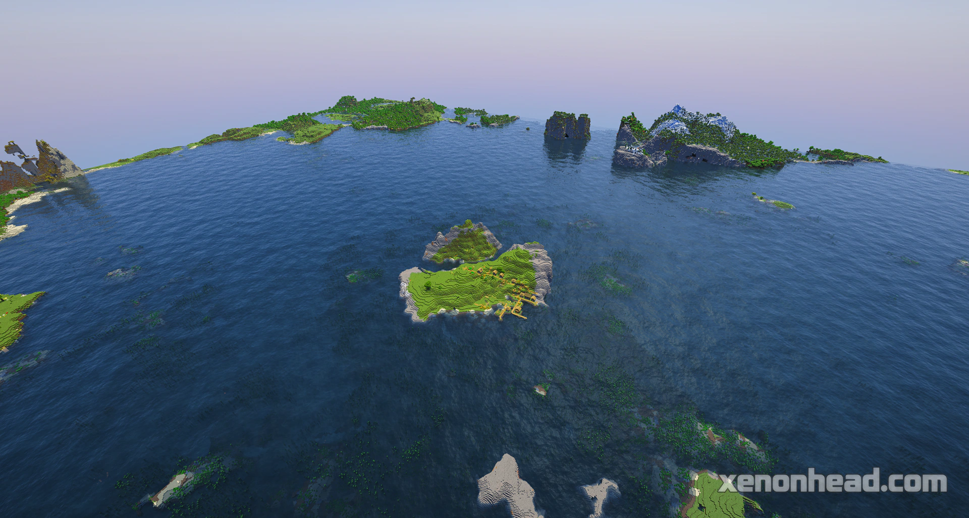 A survival island featuring huge stony cliffs and a scenic plains village