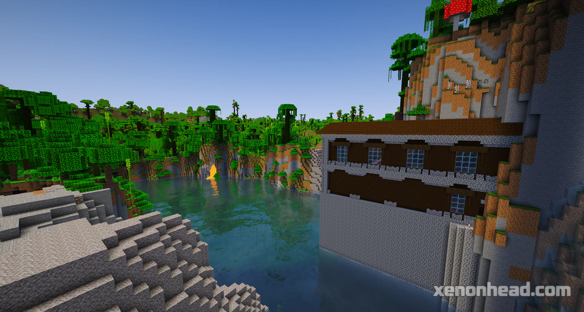 A woodland mansion generated completely inside a steep jungle mountain biome