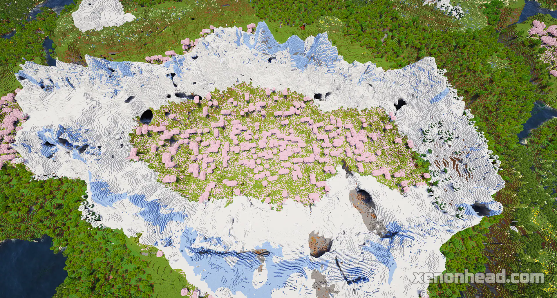 Large cherry blossom valley inside snowy crater
