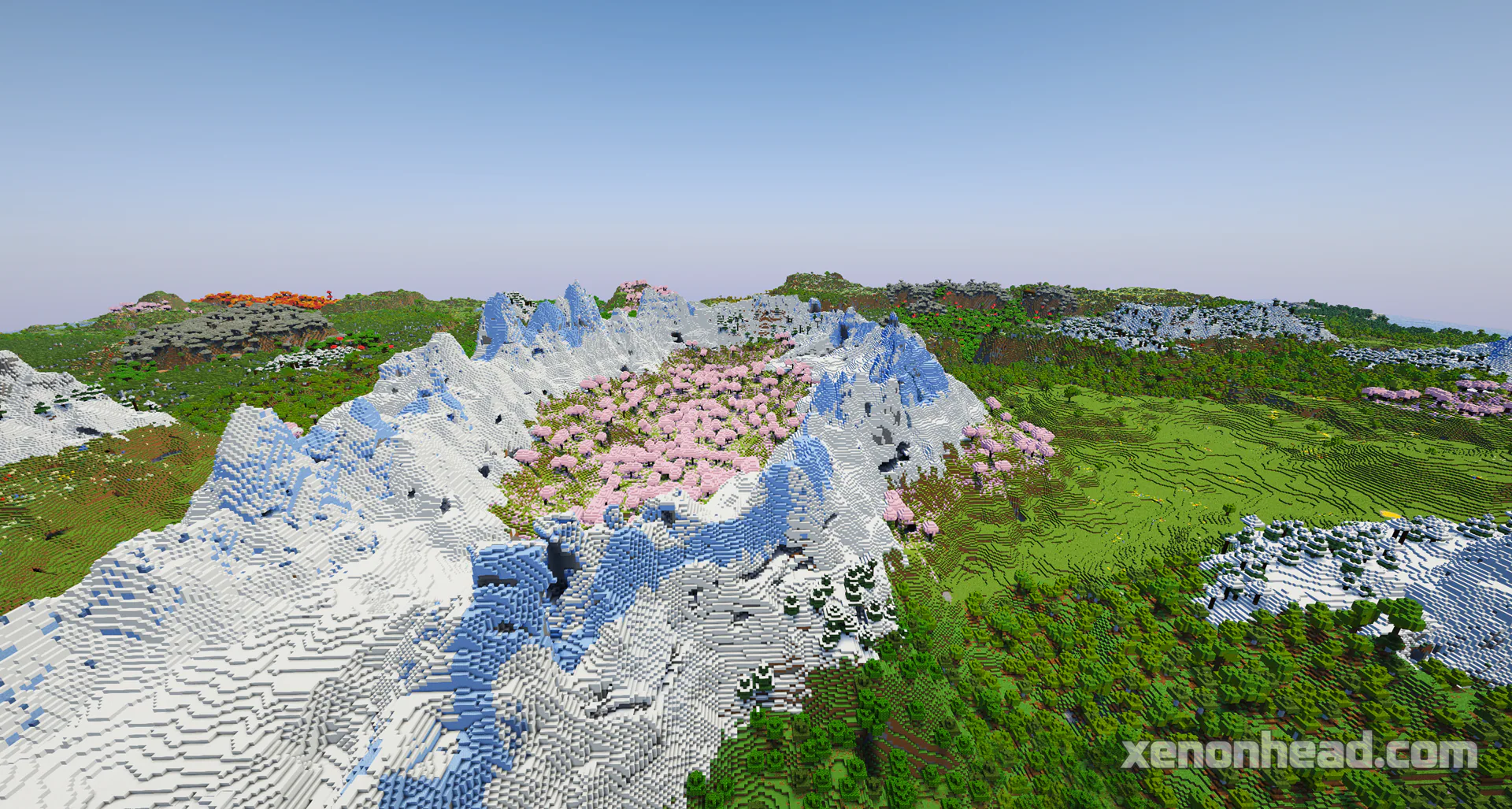 Large cherry blossom valley inside snowy crater