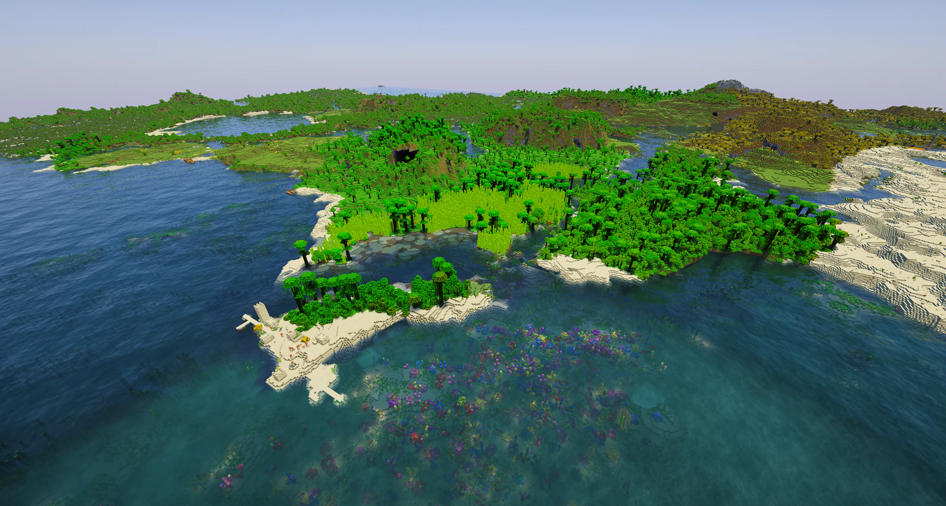 Jungle island desert village coral reef