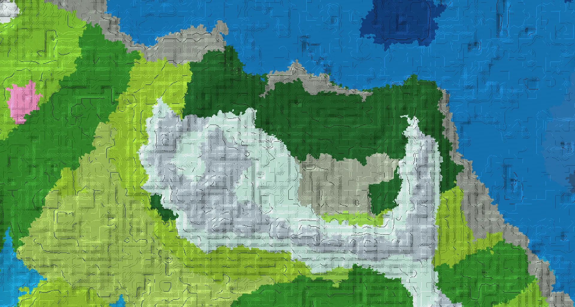 Seed map — Large multi-biome spawn with cave and nearby ocean