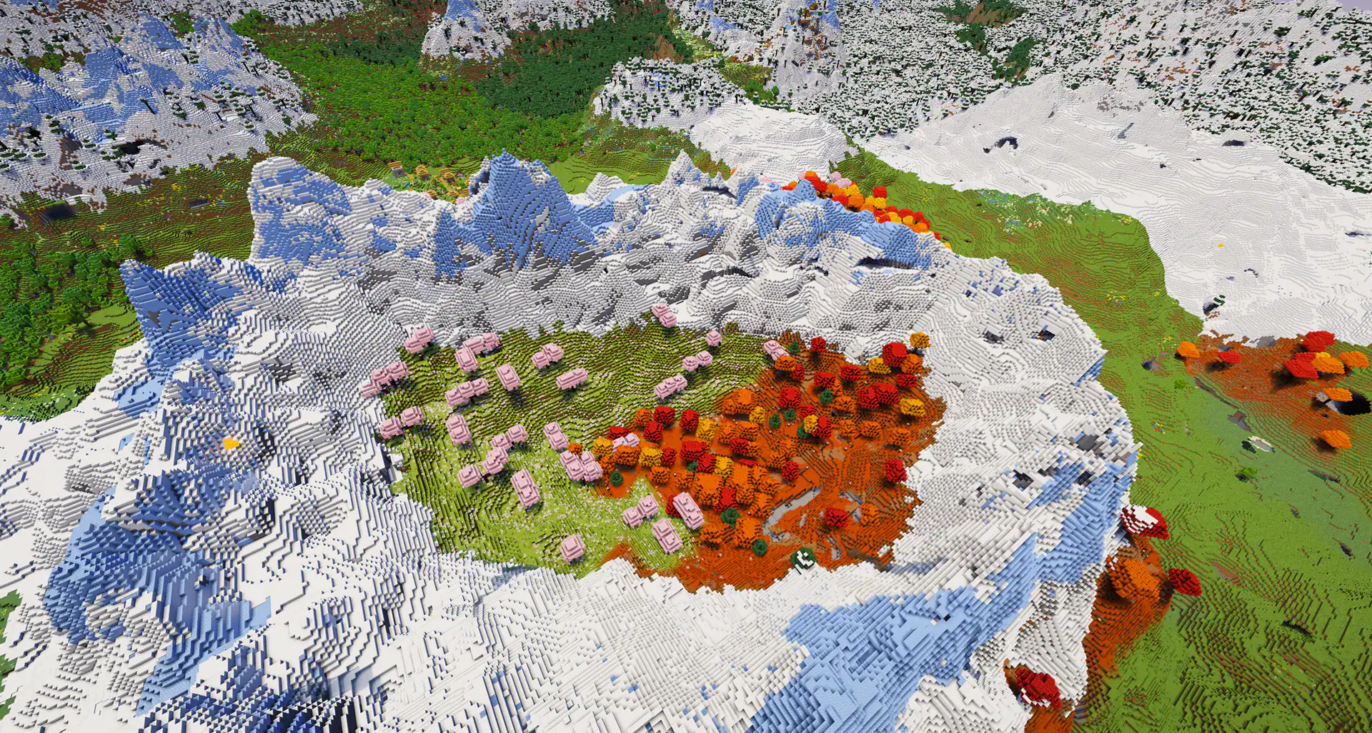 A cherry mountain crater with three villages