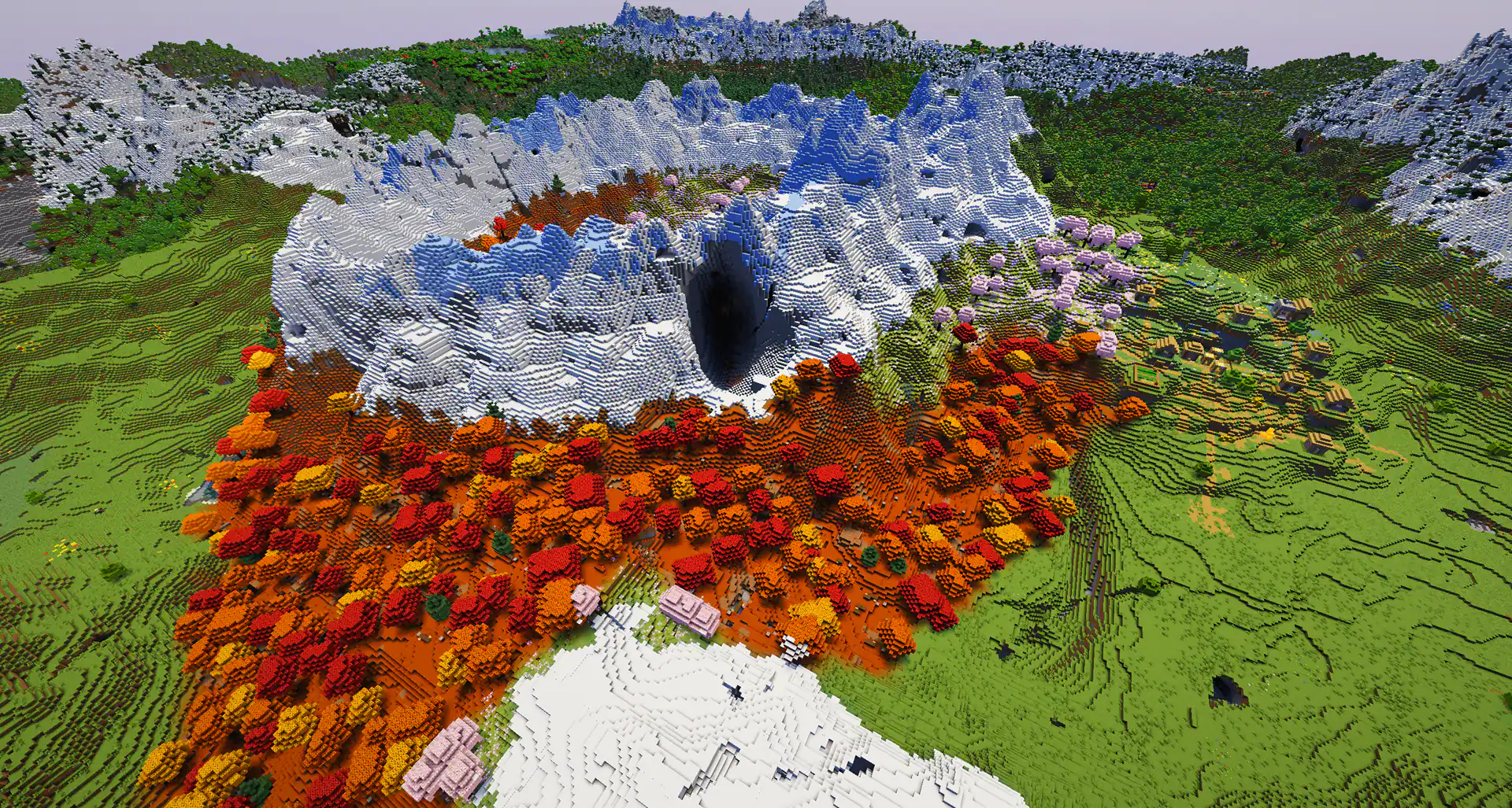 A cherry mountain crater with three villages