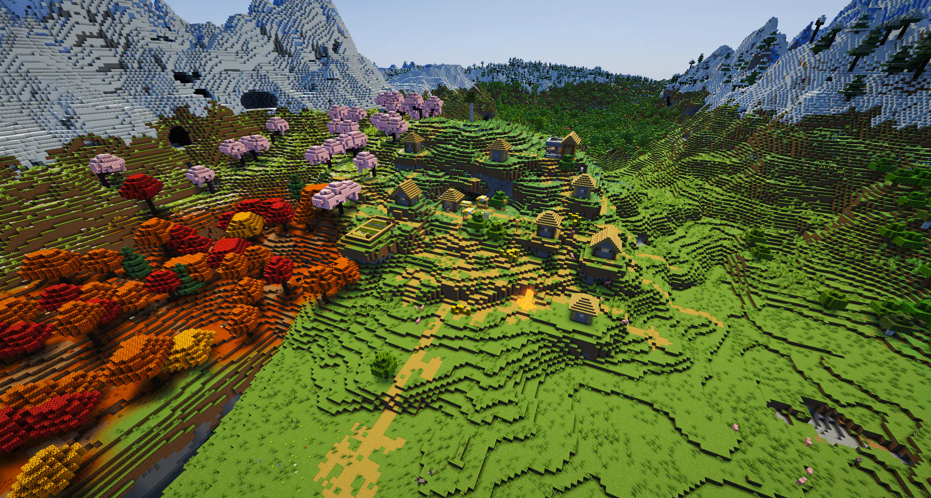 A cherry mountain crater with three villages