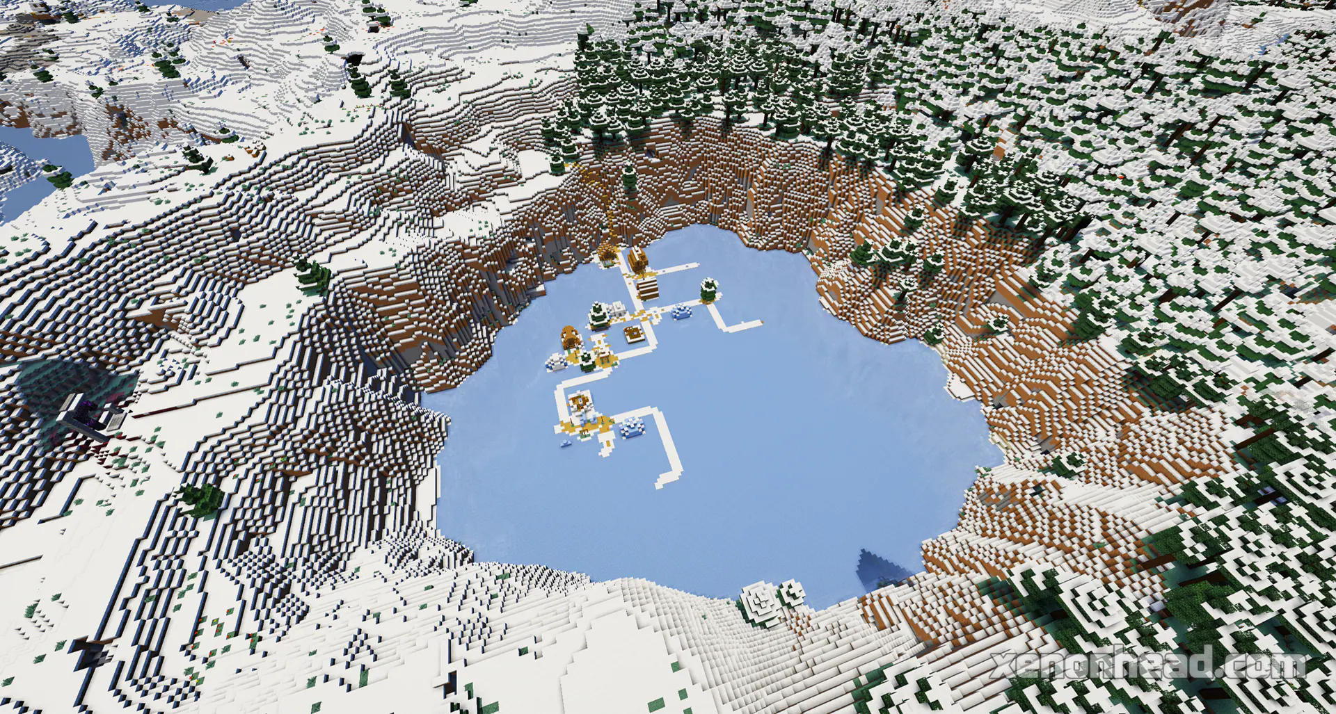 Frozen lake crater village