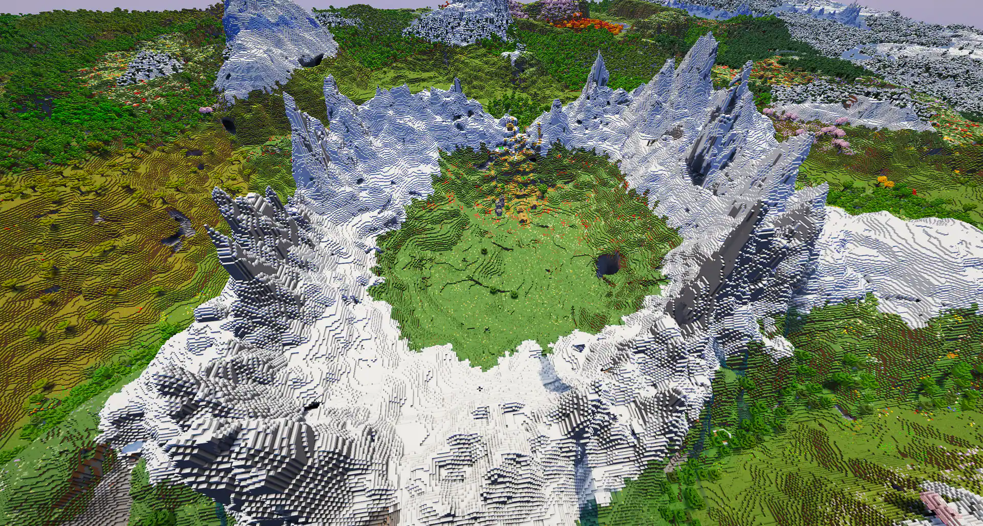 Village inside huge mountain crater
