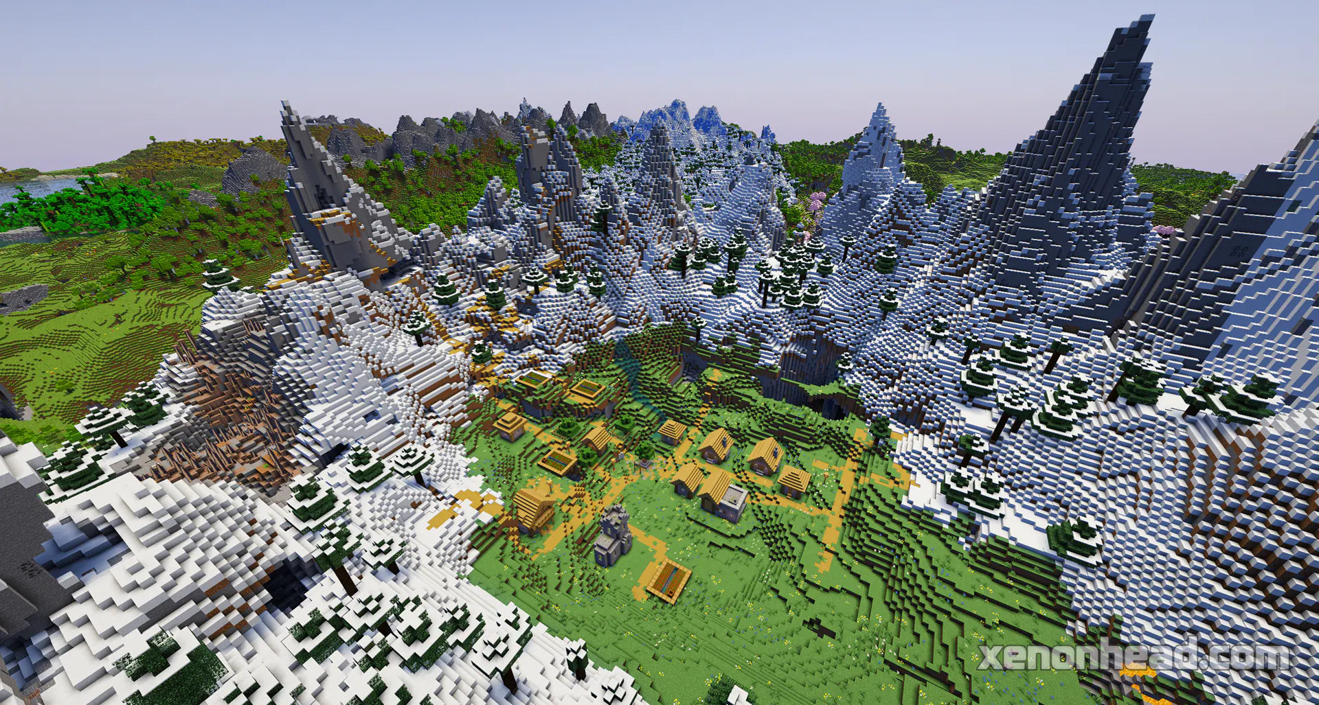 Hidden village in jagged peaks crater