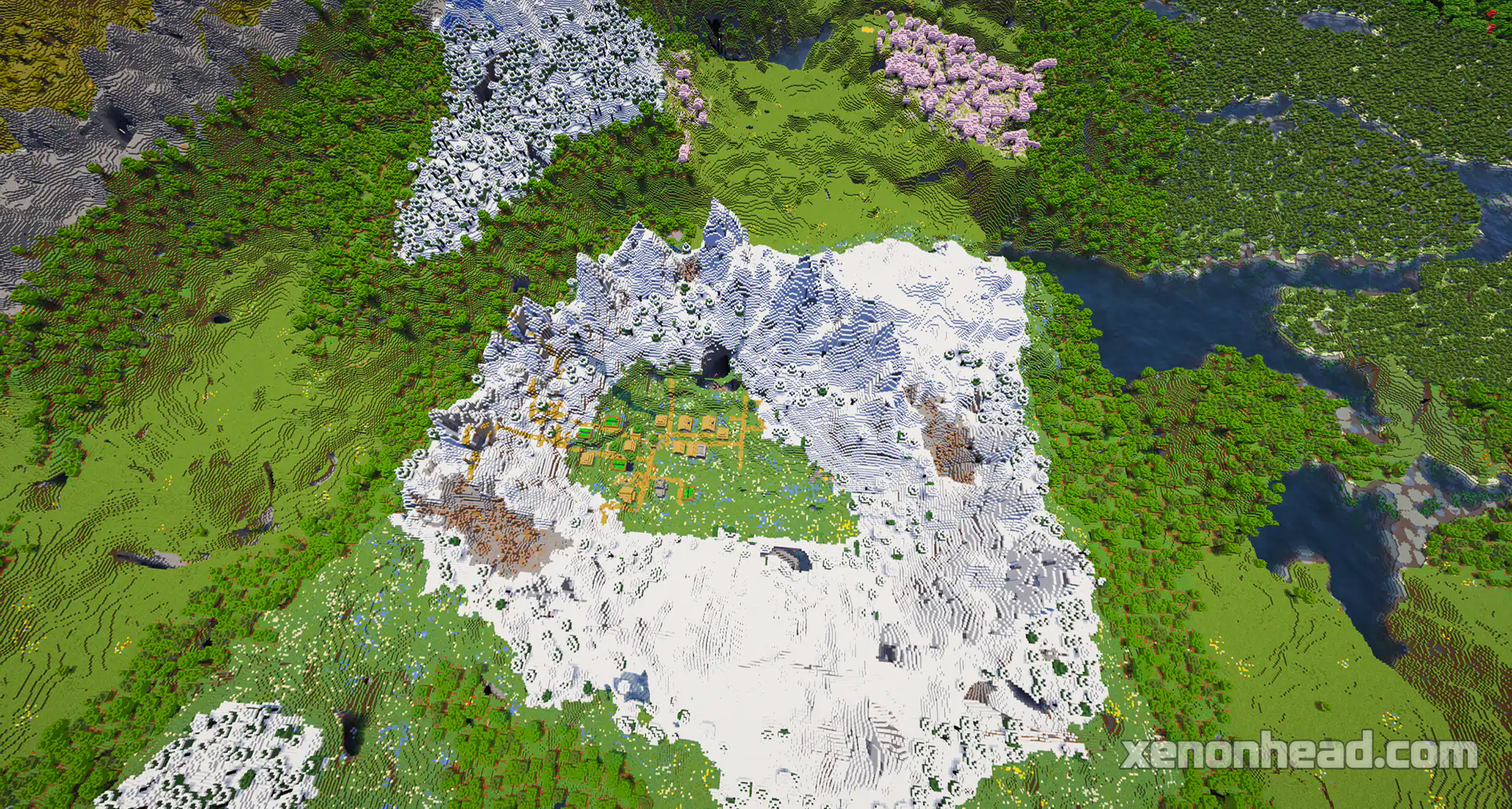 Hidden village in jagged peaks crater