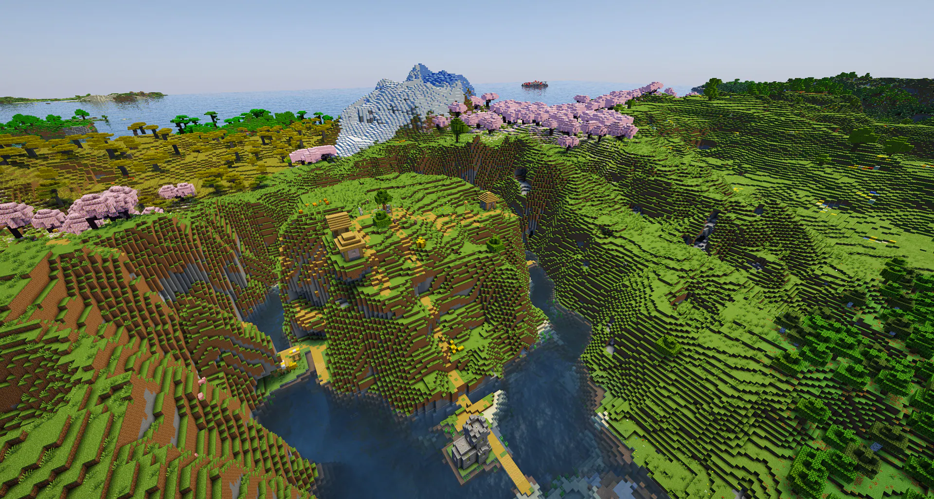 A village on a hill island in a crater ringed by cherry groves