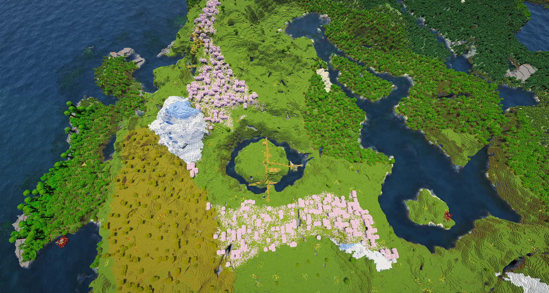 A village on a hill island in a crater ringed by cherry groves
